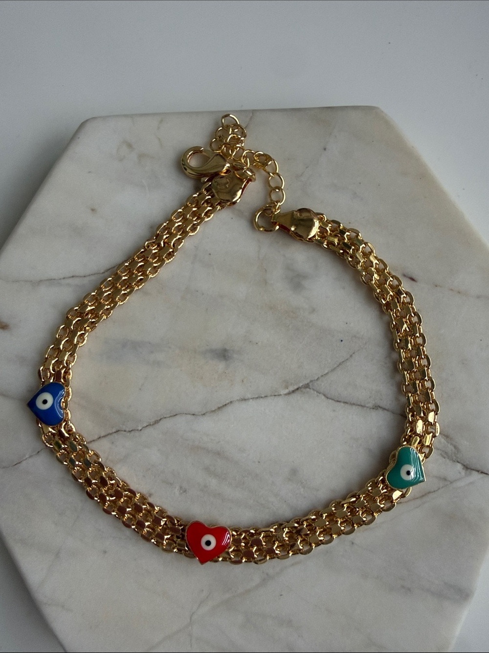 Gold plated anklet with Red, Blue & Green Heart Charms with eyes